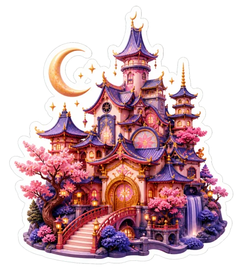 Sticker digital de un castillo de fantasía inspirado en Japón
