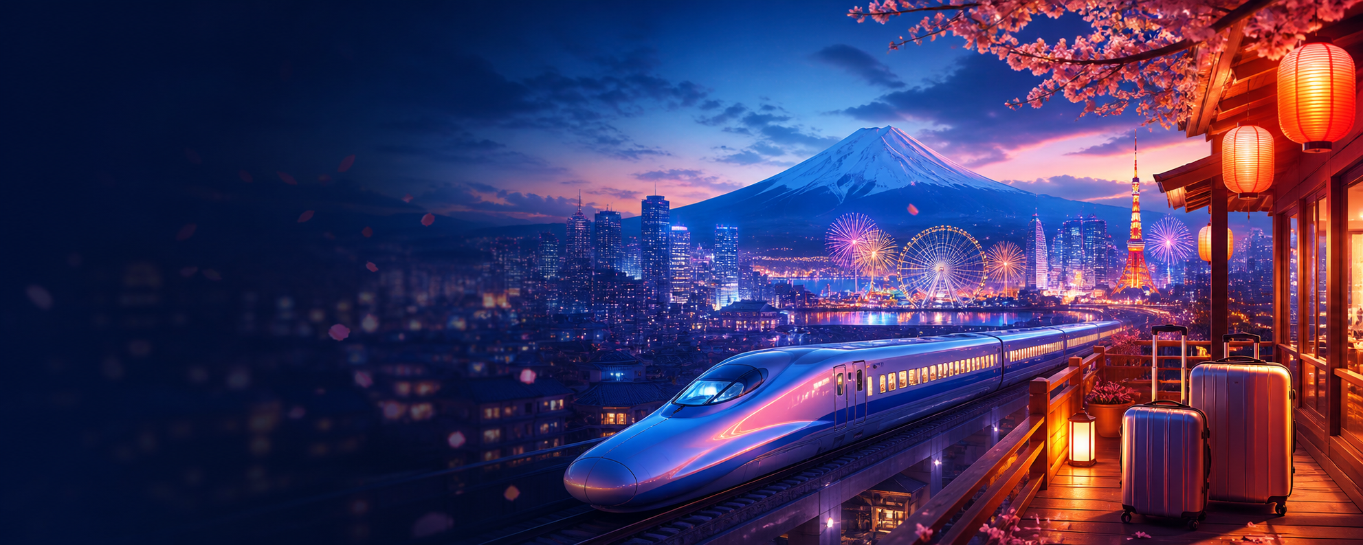 Japón de noche con el monte Fuji, Tokio y un tren bala